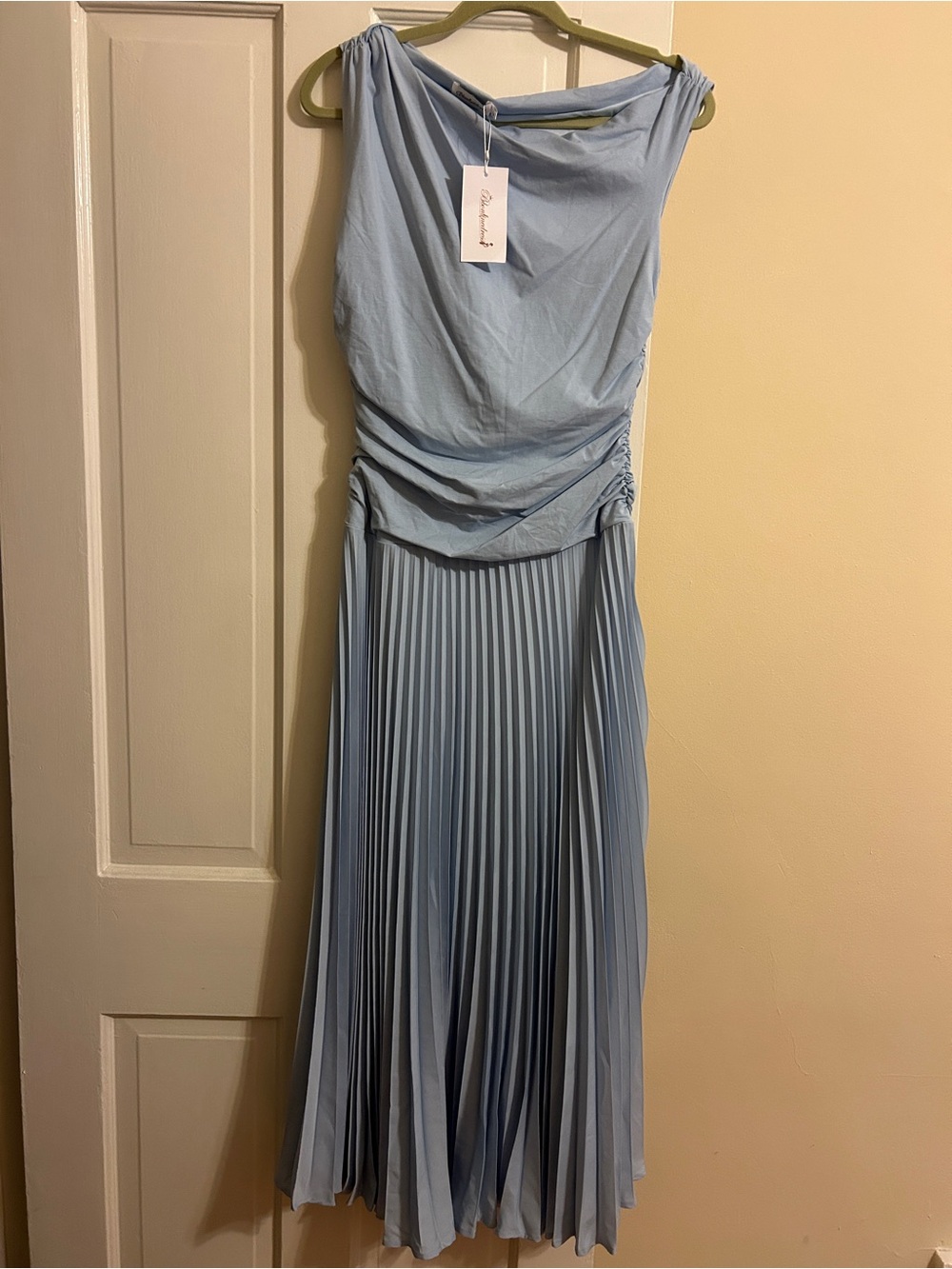 Light Blue Pleated Midi Dress with Draped Bodice